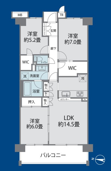 アストラル上大岡の間取り|3LDK+２か所のウォークインクローゼットなど収納豊富な使いやすい間取りです。