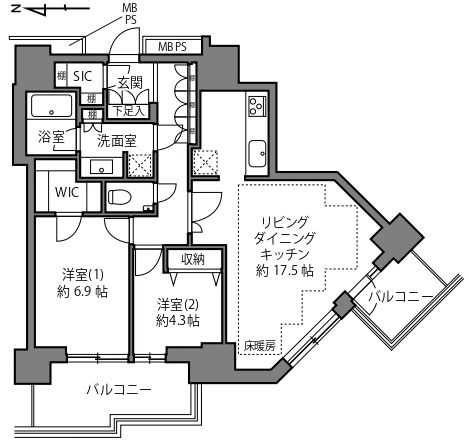 ルネッサンスタワー上野池之端の間取り|31階部分・南西向きにつきまして日当り・通風・眺望良好。新規リノベーションマンション。