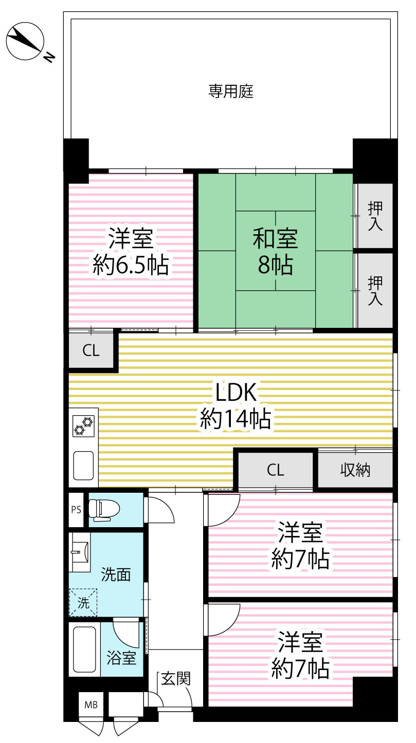 ◆リフォーム済み◆角住戸◆南西向き専用庭付き◆広々４LDK◆桂川ハイツ４号館の間取り|間取り