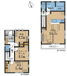 【間取り】 | 藤沢市高倉  1号棟 | 2LDK+1S（洋室仕様）　南向きバルコニー　1階掃き出し窓シャッター付　浴室乾燥機+窓　各部屋収納　2階LDK　LDK15.5帖