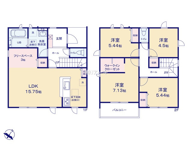 碧南市照光町五丁目1番『仲介手数料無料』新築戸建ての間取り|　2号棟　1F:LDK15.75帖に隣接するフリースペース3帖はお子様の遊び場・奥様の家事室に便利！2F:主寝室7.13帖　WIC設置！洋室5.44帖・洋室5.44帖・洋室4.5帖　CL設置♪