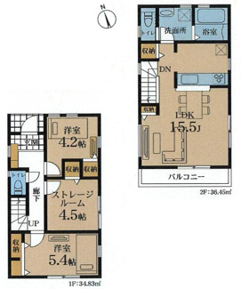 【間取り】 | 藤沢市高倉  2号棟 | 2LDK+1S（洋室仕様）　南向きバルコニー　1階掃き出し窓シャッター付　浴室乾燥機+窓　各部屋収納　リビング収納　2階LDK　LDK15.5帖