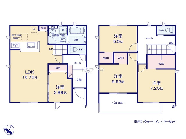 碧南市照光町五丁目1番『仲介手数料無料』新築一戸建て・建売の間取り|　3号棟　1F:LDK16.75帖に隣接する洋室3.88帖はお子様の遊び場・奥様の家事室に便利！キッチン収納♪リビングイン階段♪2F:主寝室7.25帖・洋室6.63帖・洋室5.5帖　WIC設置！