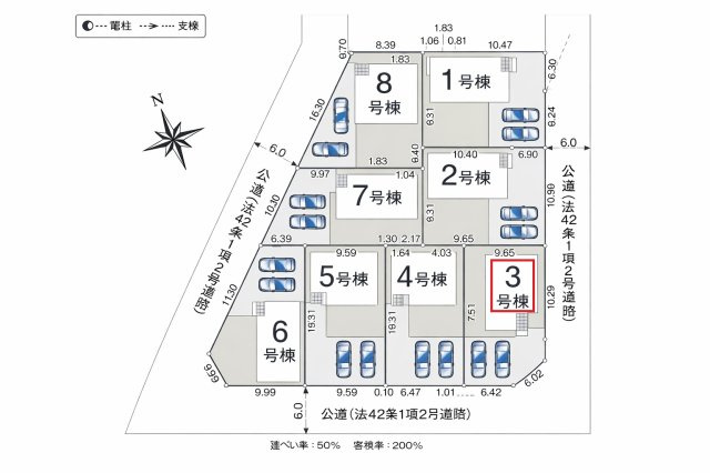 飯能市青木・全8棟　新築一戸建　3号棟　～東南角地～の区画図|【全8棟・3号棟】
並列駐車2台可、日当たり・通風良好な東南角地です。