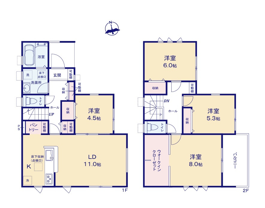 リーブルガーデン  日立市東多賀町　3期　1の間取り|　
☆LDKは11帖とコンパクト。隣接する4.5帖洋室を納戸にするのも◎全居室二面窓で明るく通風も良好です。全居室収納スペース付きです。