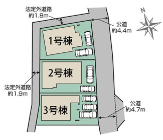 【区画図】 | 厚木市愛名  2号棟 | ※3号棟成約済　2号棟　東側約4.4ｍ～約4.7ｍ公道・西側法外道路　駐車2台（車種によります）　敷地面積37.4坪