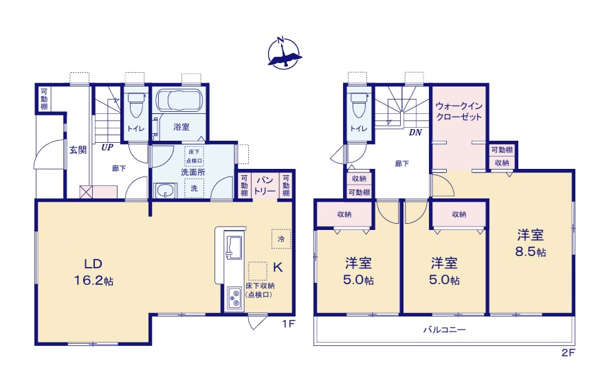 リーブルガーデン  日立市東多賀町　3期　2の間取り|　
☆洗面室2WAY出入り口で生活動線がコンパクトに！全室明るい南向き、大容量の収納スペース付きです。