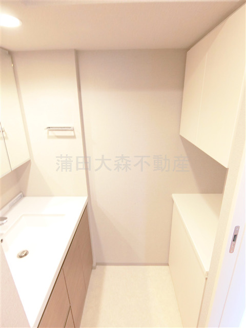 クレストコート池上の洗面所|洗面脱衣所　3面鏡の独立洗面台　洗濯機置き場