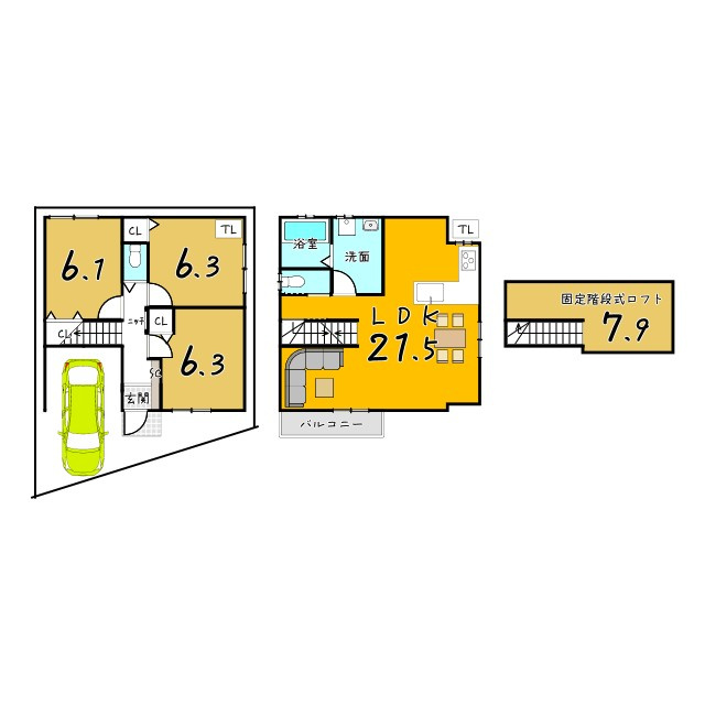 桂野里町【３区画】１号地　新築参考プランの参考プラン|延床：87.93㎡　１F：40.85㎡　２F：47.08㎡