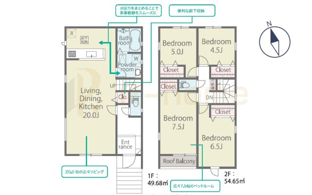 龍ケ崎市久保台2丁目第1期　新築戸建て　3号棟の間取り|4LDK＋全居室収納、土地面積157.93m2、建物面積104.33ｍ2

