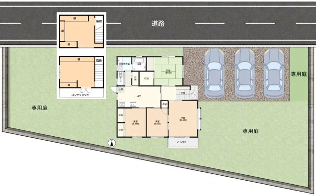 紫波町日詰戸建の区画図|4LDK、2階建ての小屋付、駐車最大3台まで対応可。