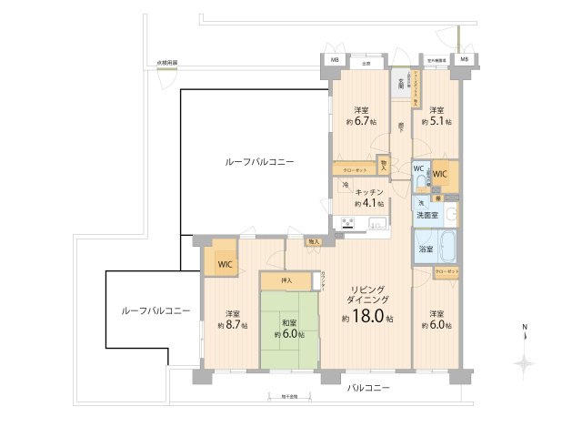 【間取り】 | コスモふじみ野センターフォーラム（朝霞店） | 5LDK+2WIC
10階南西角住戸の物件！
LDK22.1帖、大容量WIC2か所、生活スペースを広く確保できる収納豊富な間取りです。
2026年12月完了予定の大規模修繕を実施中です。