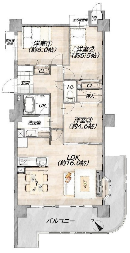 【リフォーム済】ライオンズマンション野洲　7Fの間取り