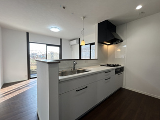 【キッチン】 | 海老名市中新田4丁目 中古戸建て | 新規交換（新設）：三口ガスコンロ・浄水器付