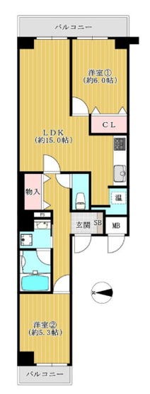 【間取り】 | シャルム小阪壱番館 | 【全洋室2LDK＋両面バルコニー☆】室内水廻り設備一新！建具新調、全面リフォーム済み☆食洗機＆浄水器・浴室乾燥機・TVモニターホン新調完備☆各居室照明器具付きです☆