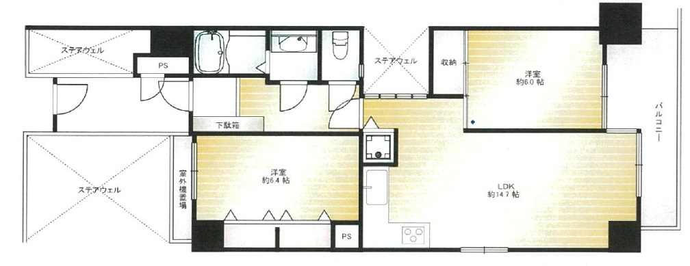 プルミエール入間シティの間取り|8階建て2階部分、三方角部屋で開放感のある2LDKの間取りです。