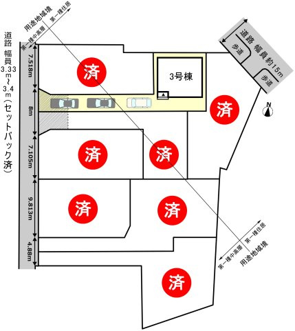 碧南市神有町の区画図|3号棟　駐車スペース3台（車種による）