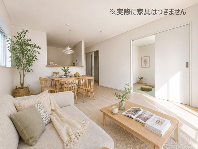 新築戸建・新築建売　郡山市安積町笹川第7　永盛小・安積中の居間・リビング|画像はバーチャルホームステージングの加工による演出で、実際の家具は付きません。