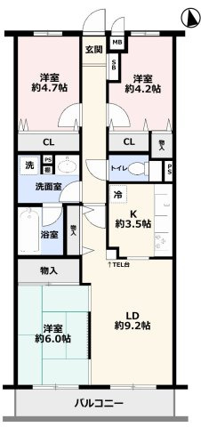 【間取り】 | センチュリー八王子ひよどり山 | 3LDKは、リビングダイニングキッチンと3つの居室がある間取り。ファミリー層に非常に人気の高い間取りで、広々としたリビングで家族団らんを楽しみ、個室でプライベートな時間も確保できるのが大きな魅力です。