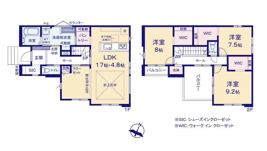 ケイアイフィット　ひたちなか市東大島　1期 　限定1棟！の間取り|　
☆全室明るい二面窓で通風も良好。SIC、WICなど収納スペース充実。洗面室を2WAY出入り口にし、回遊性のある間取りに。生活動線をコンパクトにする工夫です。
