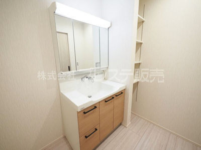 【洗面所】 | 奈良市西ノ京町丁目の新築一戸建 全３区画 | 現地写真（１号地洗面）シャワー付き洗面化粧台