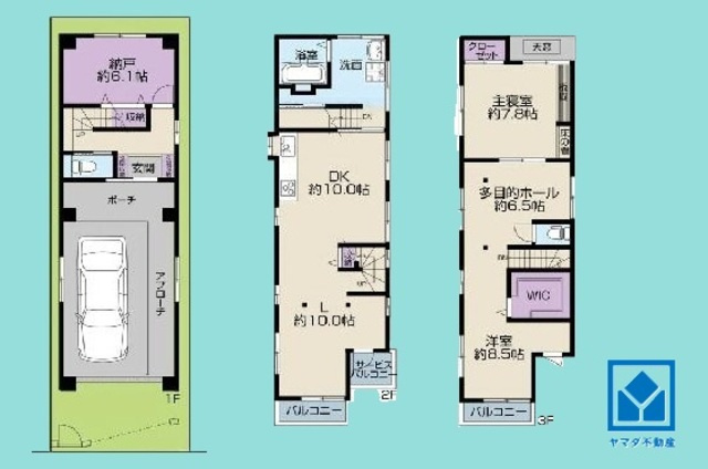 西宮市小松南町1丁目の間取り|2SLDK＋多目的ホール、土地面積79.23平米、建物面積146.01平米、木・鉄筋コンクリート造スレート葺3階建。火を使わないため安全性の高いオール電化仕様。室内丁寧にお使いです。
