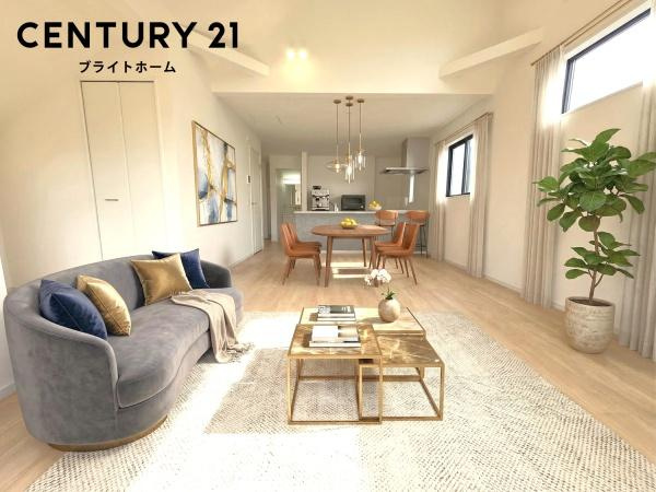 横浜市磯子区岡村１丁目の新築一戸建の居間・リビング|本画像はAIがCGで家具作成しており、実際の現地に家具は設置されておりません。また、販売価格に家具等は含まれておりません。