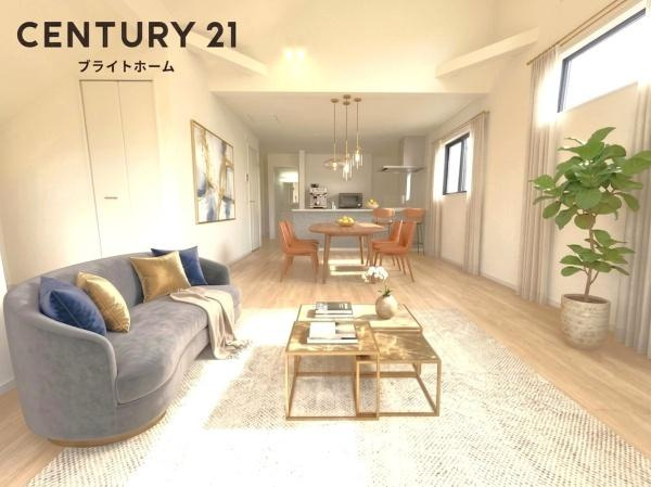 横浜市磯子区岡村１丁目の新築一戸建の居間・リビング|本画像はAIがCGで家具作成しており、実際の現地に家具は設置されておりません。また、販売価格に家具等は含まれておりません。