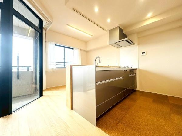 クオス宮崎台のキッチン|対面式キッチンです！食洗器＋浄水器付きです！リビングとの間に壁がないので圧迫感なくご家族との会話を楽しみながらお料理出来ます！