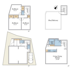 【参考プラン】 | 23畳の広々としたLDKと屋上テラスが魅力の、職住一体を叶えるプラン。1階にワークスペース、3階に3つの居室を配し、オンオフの切り替えもスムーズに。カースペース完備で都心での活動拠点に相応しい住まい。