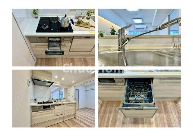 GSハイム第2金町のキッチン|【システムキッチン】ワイドで収納豊富な使い勝手の良いカウンターキッチンには、食洗器・伸縮タイプのキッチン水栓、三ツ口コンロ・魚焼きグリルなどの便利な設備が標準完備されています。