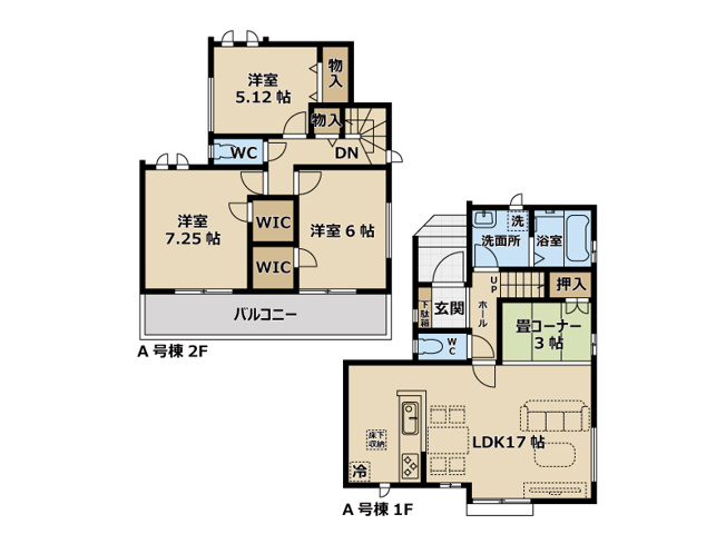 【間取り】 | 朝霞市宮戸2丁目　新築一戸建住宅　全1棟　(丸井志木店) | LDK＋タタミコーナー付き。LDK17帖のゆとりある空間、南向きバルコニーで陽当たり良好