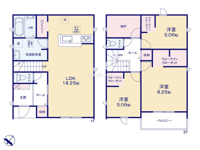 碧南市日進町二丁目11番地『仲介手数料無料』新築戸建ての間取り|　1号棟　1F:LDK18.25帖！パントリー♪リビングイン階段♪ホール収納♪2F:主寝室8.25帖・洋室5.06帖・洋室5.06帖　WIC設置！ストレージルーム♪ホール収納♪南面バルコニー♪