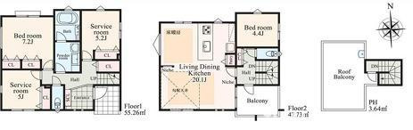 茅ヶ崎市東海岸南3丁目　新築戸建　全3棟の間取り|ルーフバルコニー付　2LDK+2S