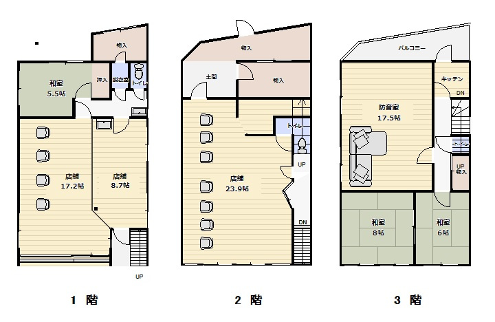 米子市上福原6丁目売店舗の間取り|1F及び2Fは元美容室となり、3Fは居住スペースとして利用できます。
防音室も有り音漏れの心配はございません〇