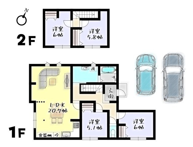 RESET HOUSE－リセットハウス若松区新大谷町2期の間取り|1階2LDKで使えて半平屋生活♪LDKは広々20帖以上♪