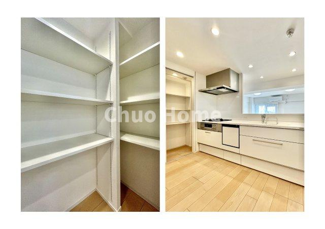 なぎさニュータウン4号棟のキッチン|ワイドで収納豊富なシステムキッチン・大型パントリー