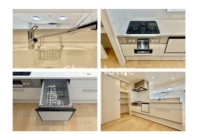 なぎさニュータウン4号棟のキッチン|【システムキッチン】ワイドで収納豊富な使い勝手の良いカウンターキッチンには、食洗器や伸縮タイプのキッチン水栓、三ツ口コンロ・魚焼きグリルなどの便利な設備が標準完備されています。