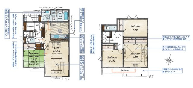 【間取り】 | 前橋市六供町1丁目　新築住宅 | 暖かな日差しが差し込む南向きの4LDK！
水回り集中設計で家事動線◎の間取りです。