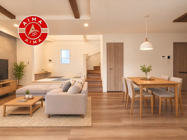 福岡市東区美和台5丁目第2-3棟（2号棟）の居間・リビング|キッチンからリビングをしっかり確認できます。家族の笑顔があふれる空間になりそうですね。※家具はCGを合成したものです。