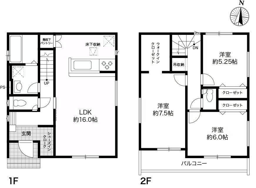 高知市鴨部2丁目 -2期2棟1-新築戸建ての間取り|1階に家族が集まる広々LDKを配し、2階にプライベートな居室をまとめた設計です。家族間のプライバシーを守りつつ、1階では全員が顔を合わせて賑やかに過ごせる、メリハリのある理想的な住空間です。