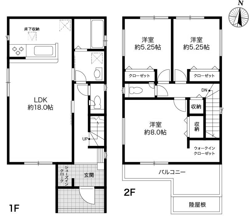 高知市鴨部2丁目 -2期2棟2-新築戸建ての間取り|1階にLDKと水回りを集約し、家事動線をコンパクトにまとめた暮らしやすい間取りです。無駄な移動を減らすことで日々のお掃除や洗濯が効率的にこなせます。