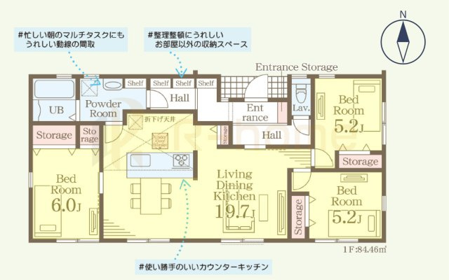 石岡市石岡第9　新築戸建て　1号棟の間取り|3LDK＋全居室収納、土地面積305.20ｍ2、建物面積84.46m2