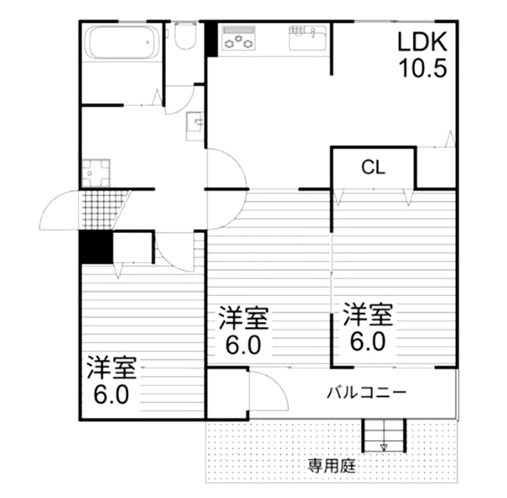 渦ヶ森コーポ8号館の間取り|全室６帖以上のゆとりある室内
