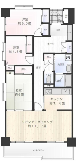 【間取り】 | パークサイド松が谷１号棟 | 3LDKは、リビングダイニングキッチンと3つの居室がある間取り。ファミリー層に非常に人気の高い間取りで、広々としたリビングで家族団らんを楽しみ、個室でプライベートな時間も確保できるのが大きな魅力です。