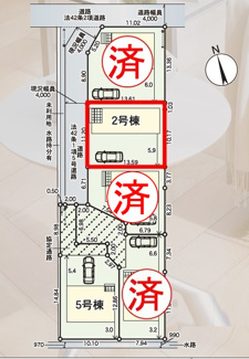 【区画図】 | 芳賀小学校・郡山第四中学校区　GRADLE GAEDEN 郡山市昭和　第９　全５棟　２号棟 | 【区画図】２号棟　駐車スペース３～４台と広々しています。