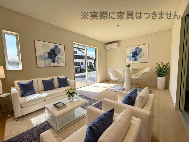 新築戸建・新築建売　矢吹町一本木第6　善郷小・矢吹中の居間・リビング|画像はバーチャルホームステージングの加工による演出で、実際の家具は付きません。