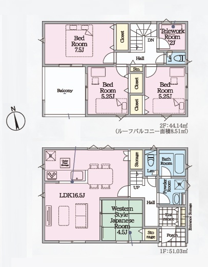 Cradlegarden　 ひたちなか市平磯町　第2　4の間取り|　
☆LDKゆったり16.5帖。寛ぎの空間和室が隣接しております。お昼寝コーナーにも小さなお子様の遊び場にも◎全居室に大容量の収納スペース付き。小窓付き納戸は自由でクリエイティブな空間です♪