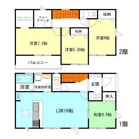 【間取り】 | リナージュ前橋市三河町2丁目24-1期ー① | 全居室暖かな南向き！
シューズインクロークにウォークインクローゼット、フリースペース完備！