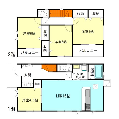 【間取り】 | ハートフルタウン渋川市石原34ーB | 明るい全居室南向き＋モダンな洋室仕様！
玄関には嬉しいシューズインクローク完備！